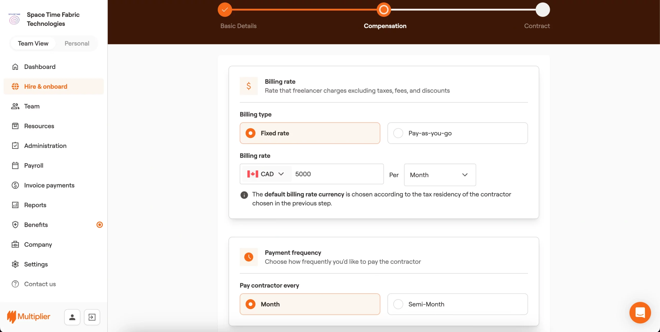 Billing type, rate, frequency, and invoice generation for onboarding a contractor in Canada.  